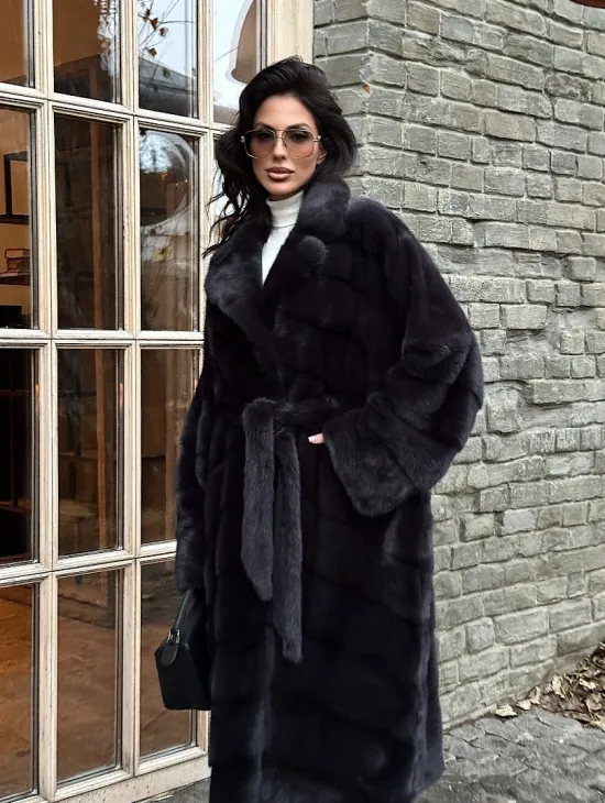 Шуба Халат из меха норки с английским воротником - цвет темный графит