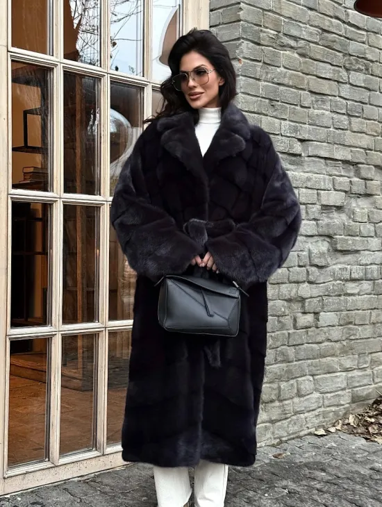Шуба Халат из меха норки с английским воротником - цвет темный графит