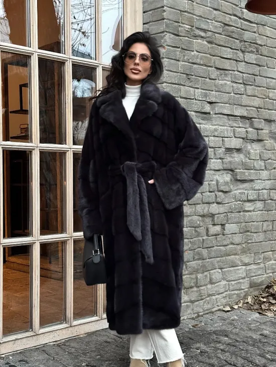 Шуба Халат из меха норки с английским воротником - цвет темный графит