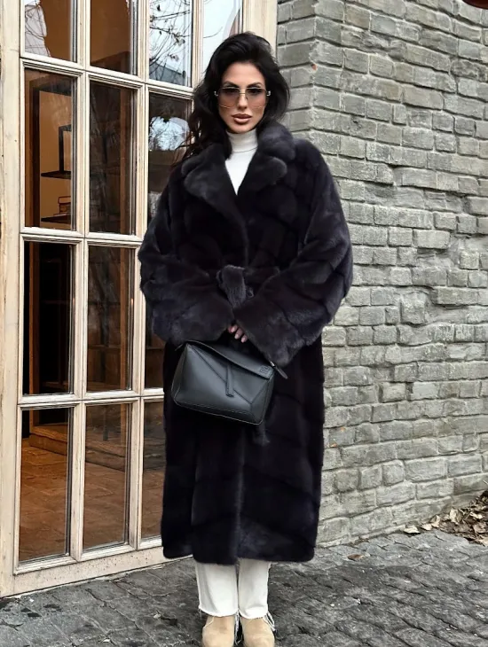Шуба Халат из меха норки с английским воротником - цвет темный графит