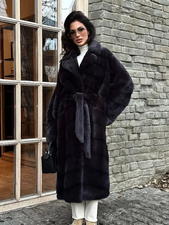 Шуба Халат из меха норки с английским воротником - цвет темный графит