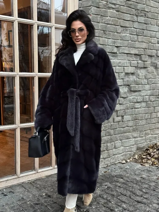 Шуба Халат из меха норки с английским воротником - цвет темный графит