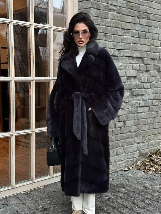Шуба Халат из меха норки с английским воротником - цвет темный графит