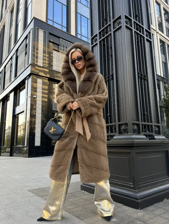 Пастель норковая шуба из меха NAFA капюшон куница