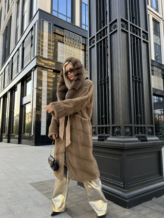 Пастель норковая шуба из меха NAFA капюшон куница