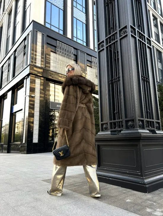 Пастель норковая шуба из меха NAFA капюшон куница