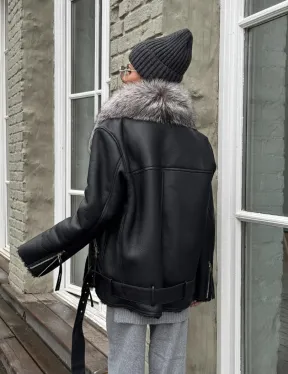 Дубленка из натуральной овчины с воротником чернобурой лисы