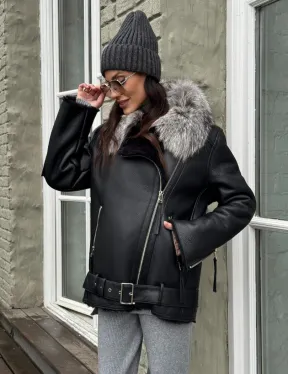 Дубленка из натуральной овчины с воротником чернобурой лисы