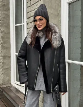 Дубленка из натуральной овчины с воротником чернобурой лисы
