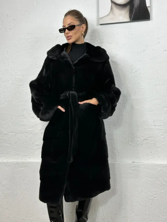 Черная шуба из импортной норки с капюшоном