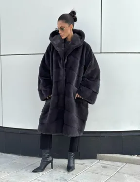 Норковая шуба паркет с капюшоном - цвет блю ирис
