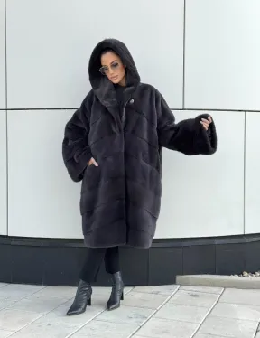 Норковая шуба паркет с капюшоном - цвет блю ирис