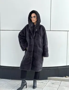 Норковая шуба паркет с капюшоном - цвет блю ирис