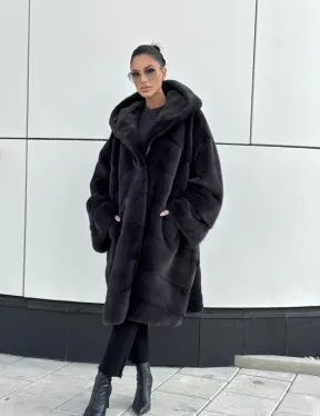 Норковая шуба паркет с капюшоном - цвет блю ирис