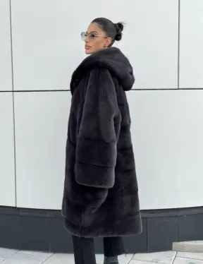Норковая шуба паркет с капюшоном - цвет блю ирис