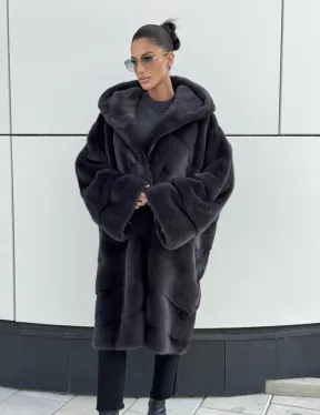 Норковая шуба паркет с капюшоном - цвет блю ирис