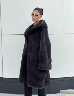Норковая шуба паркет с капюшоном - цвет блю ирис