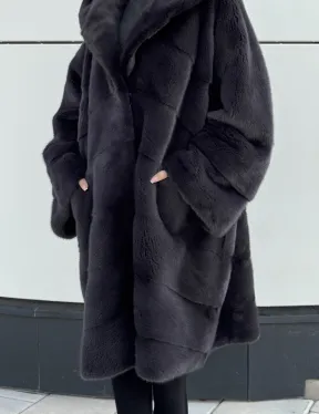 Норковая шуба паркет с капюшоном - цвет блю ирис