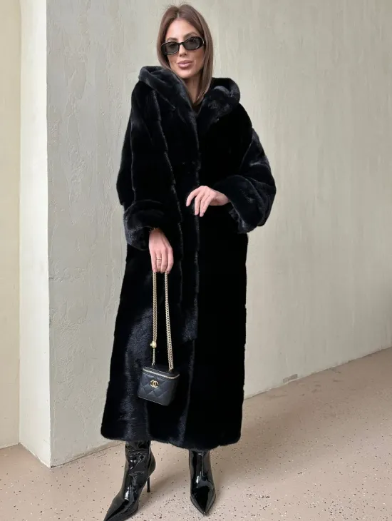 Шуба из аукционной норки VELVET, паркет с капюшоном