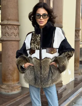 Комбинированная курточка из меха норки и енота - цвет графит