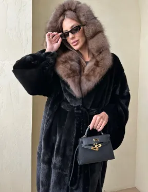 Норка BLACKGLAMA кимоно с капюшоном куница