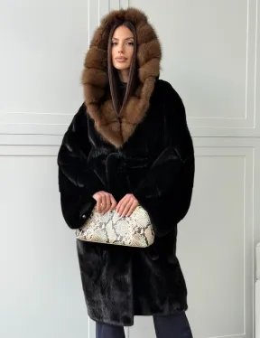 Норка BLACKGLAMA кимоно с капюшоном куница