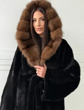 Норка BLACKGLAMA кимоно с капюшоном куница