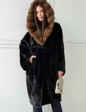 Норка BLACKGLAMA кимоно с капюшоном куница