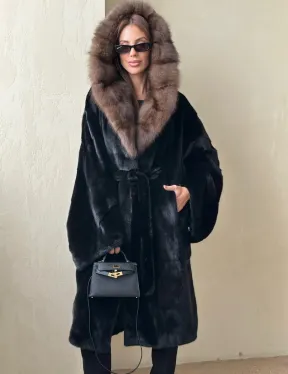 Норка BLACKGLAMA кимоно с капюшоном куница