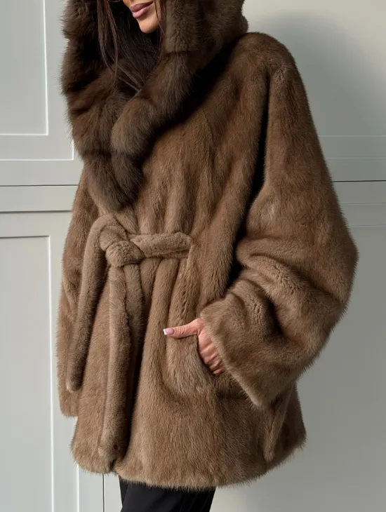 Норка NAFA пошив роспуск пастель с капюшоном куница -летучая мышь