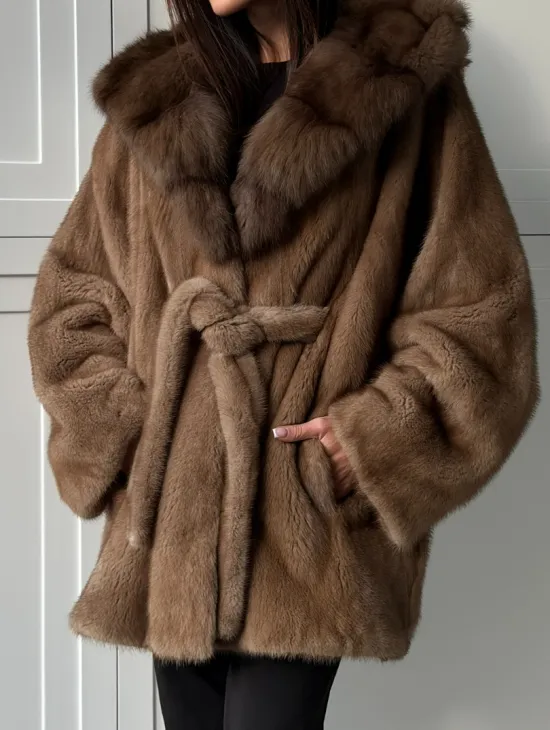 Норка NAFA пошив роспуск пастель с капюшоном куница -летучая мышь