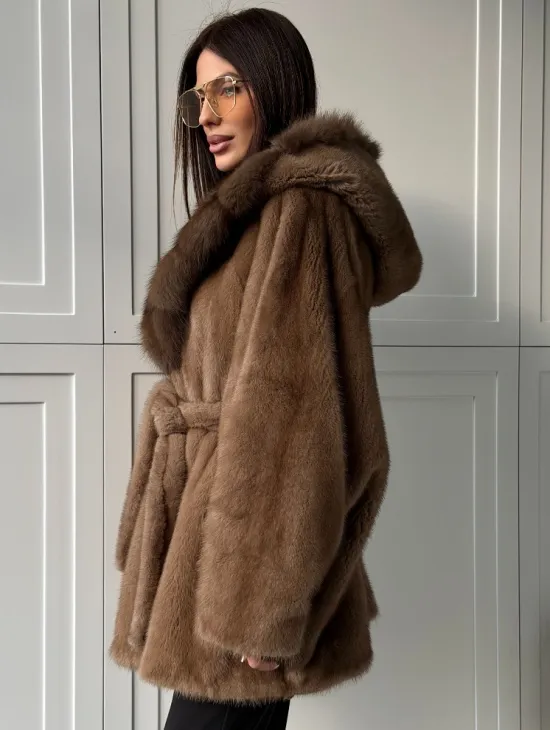 Норка NAFA пошив роспуск пастель с капюшоном куница -летучая мышь