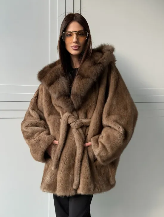 Норка NAFA пошив роспуск пастель с капюшоном куница -летучая мышь