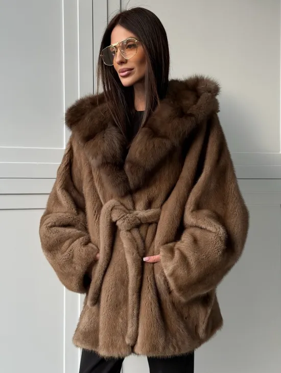 Норка NAFA пошив роспуск пастель с капюшоном куница -летучая мышь