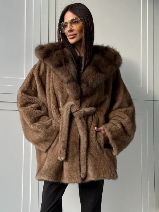 Норка NAFA пошив роспуск пастель с капюшоном куница -летучая мышь