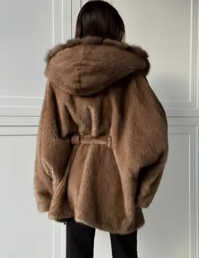 Норка NAFA пошив роспуск пастель с капюшоном куница -летучая мышь