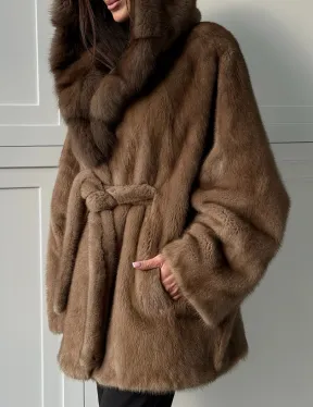 Норка NAFA пошив роспуск пастель с капюшоном куница -летучая мышь