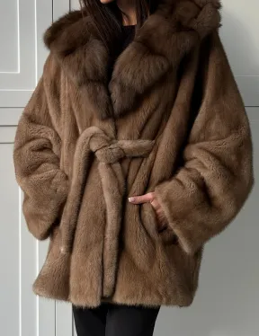 Норка NAFA пошив роспуск пастель с капюшоном куница -летучая мышь