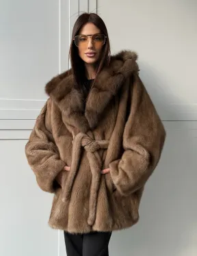 Норка NAFA пошив роспуск пастель с капюшоном куница -летучая мышь