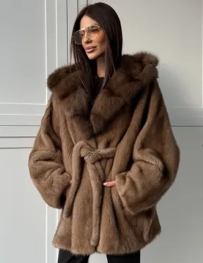 Норка NAFA пошив роспуск пастель с капюшоном куница -летучая мышь