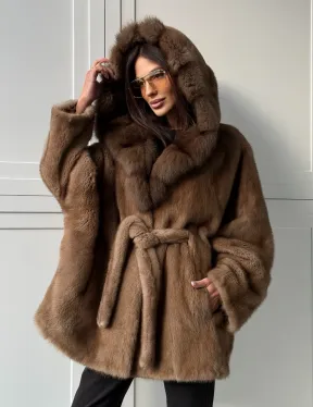 Норка NAFA пошив роспуск пастель с капюшоном куница -летучая мышь