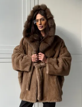 Норка NAFA пошив роспуск пастель с капюшоном куница -летучая мышь