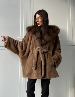 Норка NAFA пошив роспуск пастель с капюшоном куница -летучая мышь