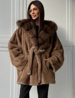 Норка NAFA пошив роспуск пастель с капюшоном куница -летучая мышь