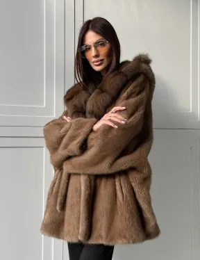 Норка NAFA пошив роспуск пастель с капюшоном куница -летучая мышь