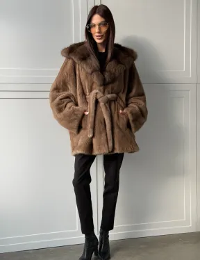 Норка NAFA пошив роспуск пастель с капюшоном куница -летучая мышь