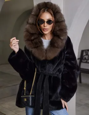 норка в роспуск шуба - черная с капюшоном куница