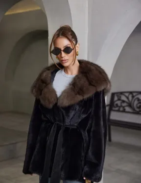 норка в роспуск шуба - черная с капюшоном куница