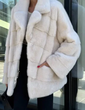 Короткая норковая шуба с английским воротником - цвет ваниль