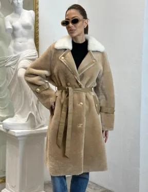 Дубленка из овчины с белым мехом норки - цвет бежевый